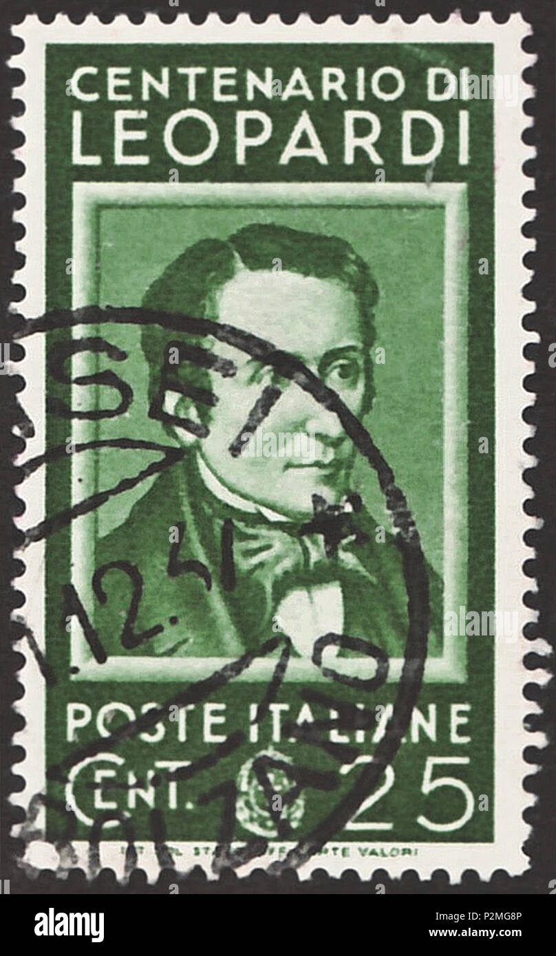 . Timbro del Regno d'Italia; 1937; francobollo commemorativo del problema 'famoso popolo italiano"; ritratto incorniciato di Giacomo Leopardi, con timbro postale in Ortisei (?), 1937 Timbro: Michel: No. 593; & Yvert Tellier: No. 408; Scott: No. 389 Colore: verde filigrana: Italia n. 1 (crown) Valore nominale: 25 Cent. (Centesimi) affrancatura validità: dal 25 ottobre 1937 fino al 30 settembre 1938 Timbro dimensioni immagine (area stampata senza sotto nomi linea): 20,5 x 37,0 mm farà fede il timbro postale: Ortisei (?) (tedesco: Sankt Ulrich), Provincia di Bolzano (tedesco: Bolzano), della Regione Trentino Alto Adige, 1 dicembre 1937 . Il 25 ottobre 1937 (abeti Foto Stock