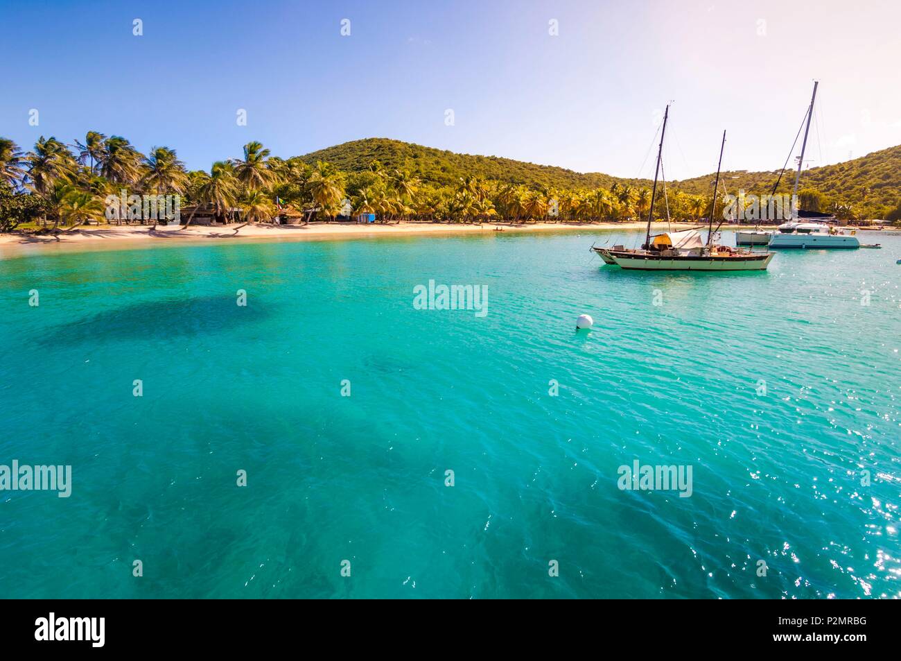 Caraibi, Piccole Antille, Saint Vincent e Grenadine, Mayreau Isola, Salt Whistle Bay Beach e Coconut Grove Foto Stock