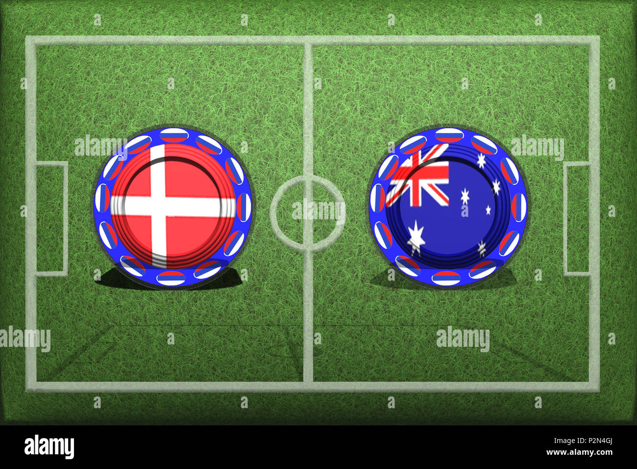 Lo screening e la sfocatura in modo desiderato la concorrenza di calcio tra squadre nazionali Dänemark Australien Foto Stock
