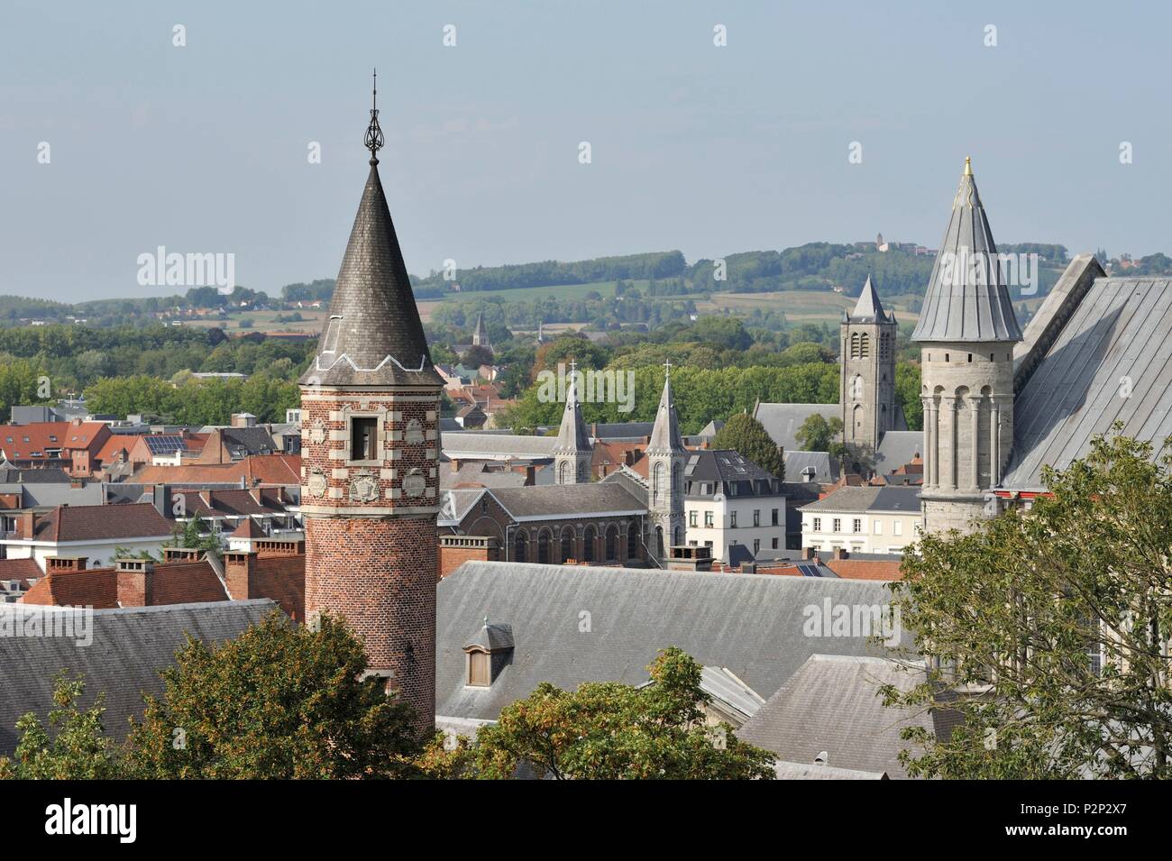 Il Belgio, la Vallonia, Tournai, vista di torrette di diverse chiese di Tournai Foto Stock