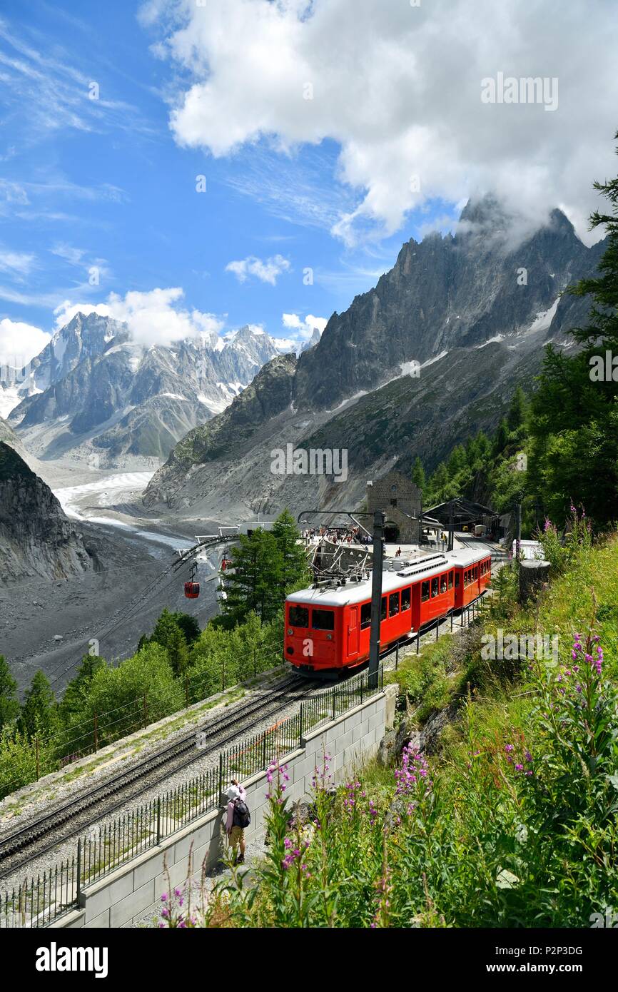 Francia, Haute Savoie, Chamonix, il treno turistico di Montenvers, Montenvers stazione ferroviaria e Mer de Glace glacier Foto Stock