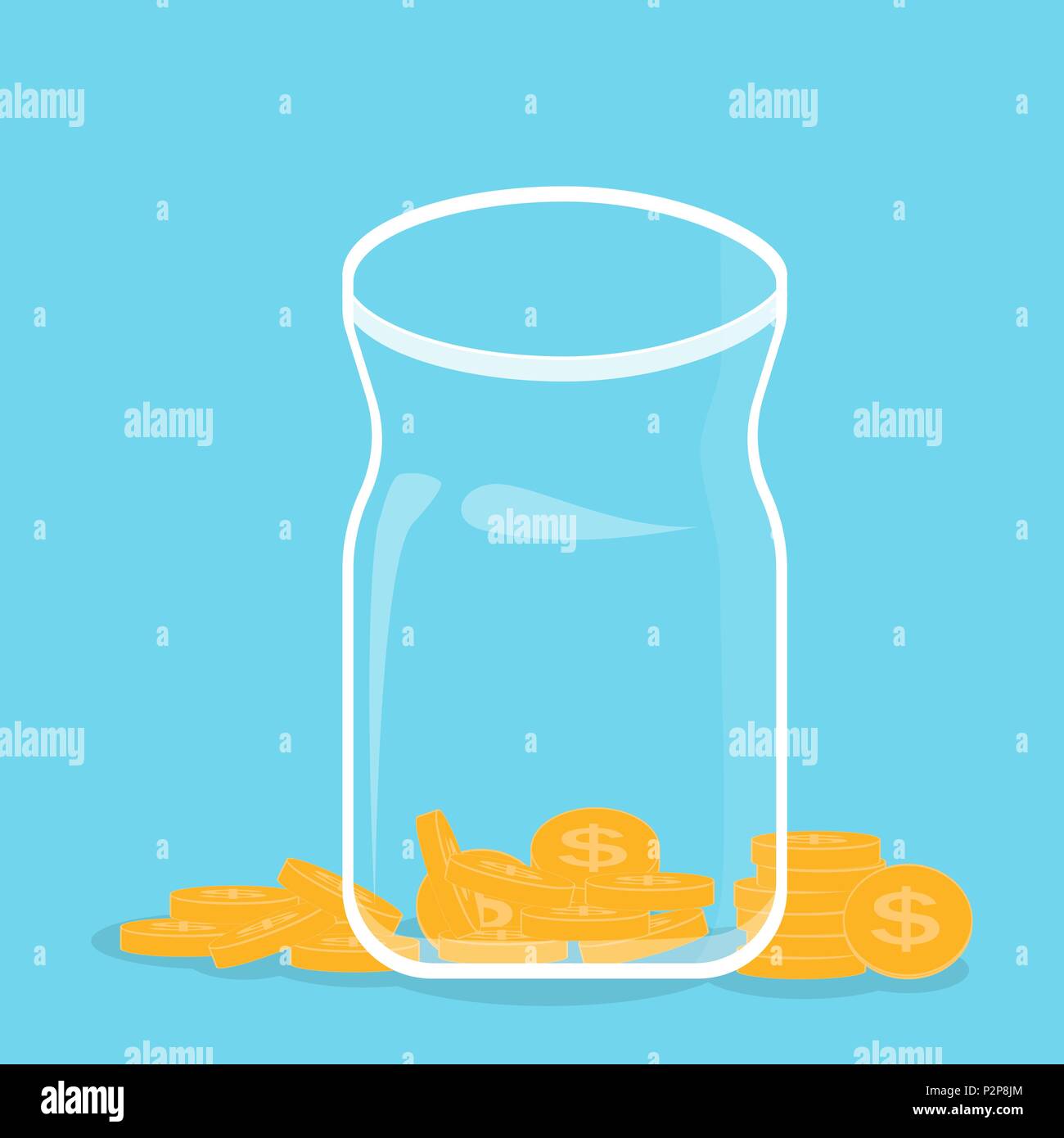 Banca di vetro con la caduta delle monete in oro - contributo al futuro. Illustrazione Vettoriale Illustrazione Vettoriale