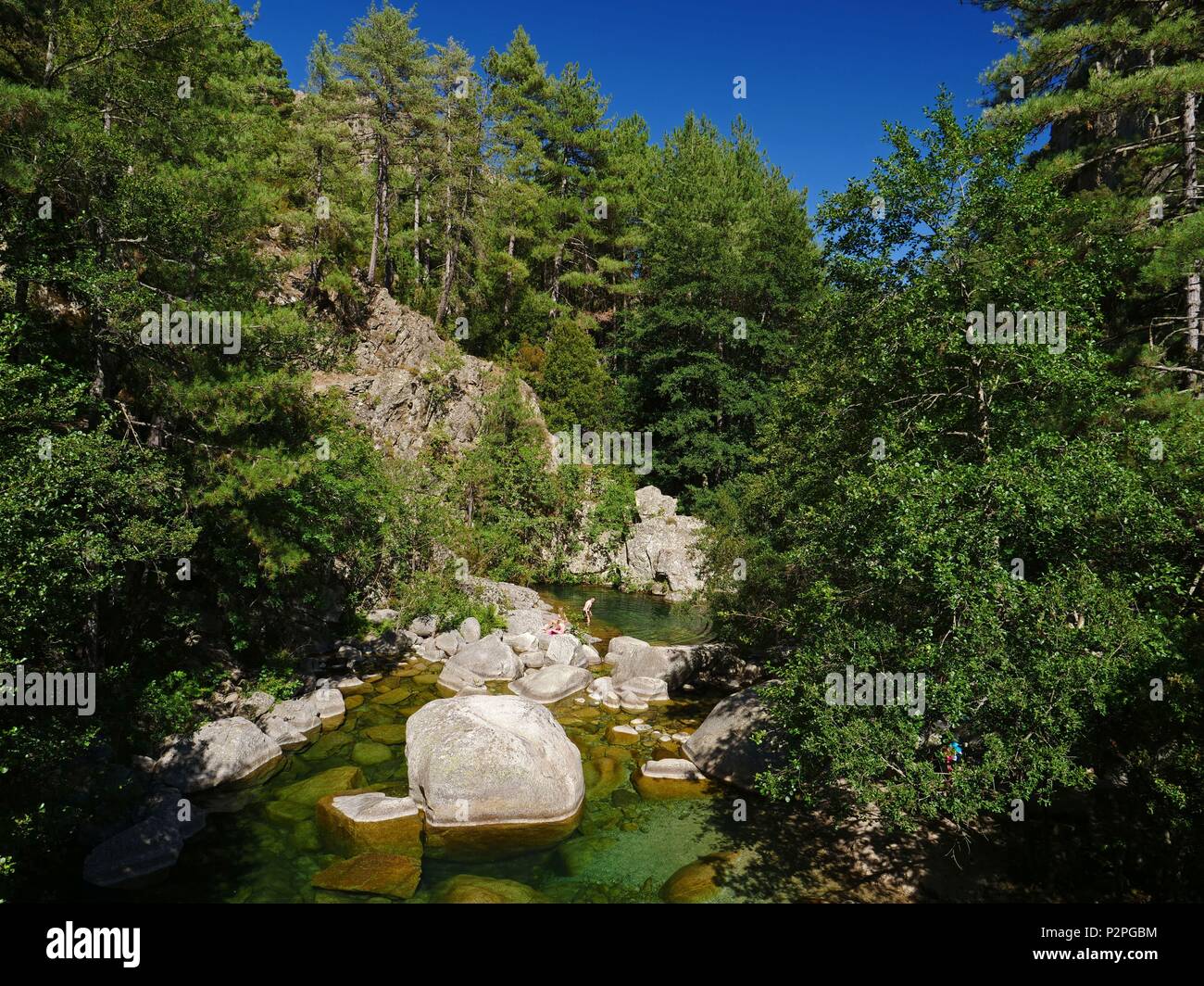 Francia, Haute-Corse (2B), Corte, turisti che nuotare nel fiume Tavignano al Rossolinu passerella. Foto Stock