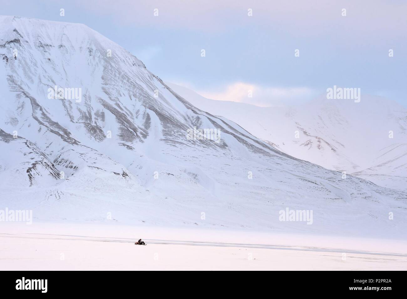 Norvegia Isole Svalbard, Spitzbergen, Adventdalen Valley vicino a Longyearbyen, motoslitta Foto Stock