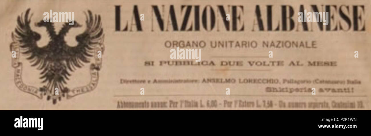 . Inglese: header della pagina anteriore di "La Nazione albanese' giornale da Anselmo Lorecchio. Persona morta nel 1924. Giornale . prima del 1924. Anselmo Lorecchio (d.1924) 46 La Nazione albanese giornale---- Foto Stock