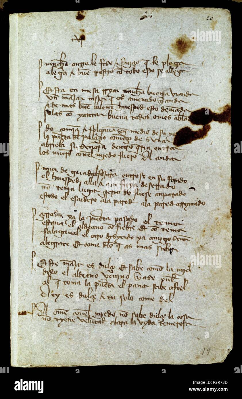 Il libro del grande amore. Pagina 20. Madrid, Biblioteca Nazionale. Autore: Arcipreste de Hita (RUIZ JUAN). Posizione: Biblioteca Nacional-COLECCION, MADRID, Spagna. Foto Stock