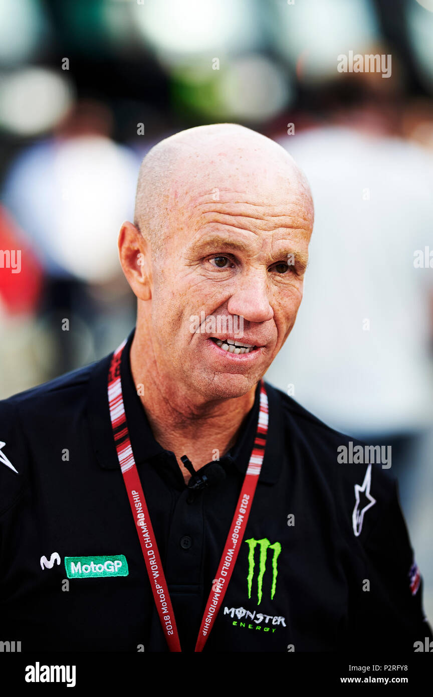 Barcellona, Spagna. 16 Giugno, 2018. L'ex Grand Prix motociclista e leggenda, Randy Mamola durante un Movistar Facebook Live prima del Gran Premio di Spagna di Motogp. Credito: Pablo Guillen Credito: Pablo Guillen/Alamy Live News Foto Stock