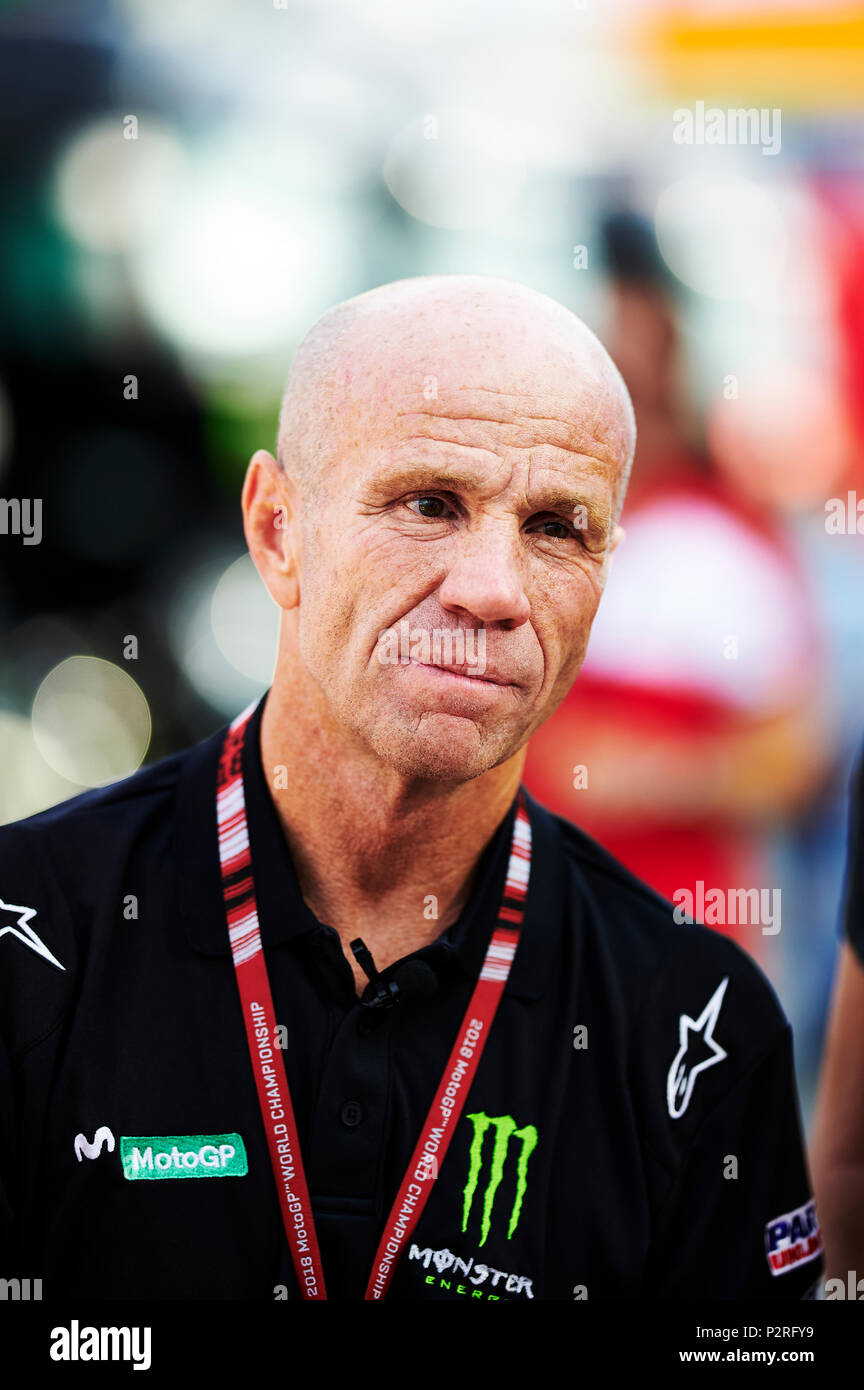 Barcellona, Spagna. 16 Giugno, 2018. L'ex Grand Prix motociclista e leggenda, Randy Mamola durante un Movistar Facebook Live prima del Gran Premio di Spagna di Motogp. Credito: Pablo Guillen Credito: Pablo Guillen/Alamy Live News Foto Stock