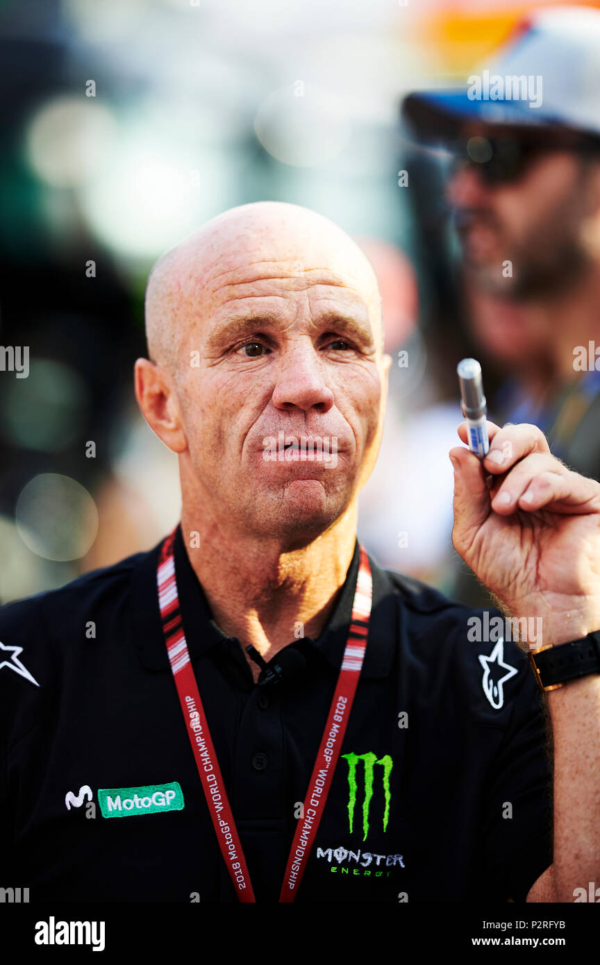 Barcellona, Spagna. 16 Giugno, 2018. L'ex Grand Prix motociclista e leggenda, Randy Mamola durante un Movistar Facebook Live prima del Gran Premio di Spagna di Motogp. Credito: Pablo Guillen Credito: Pablo Guillen/Alamy Live News Foto Stock