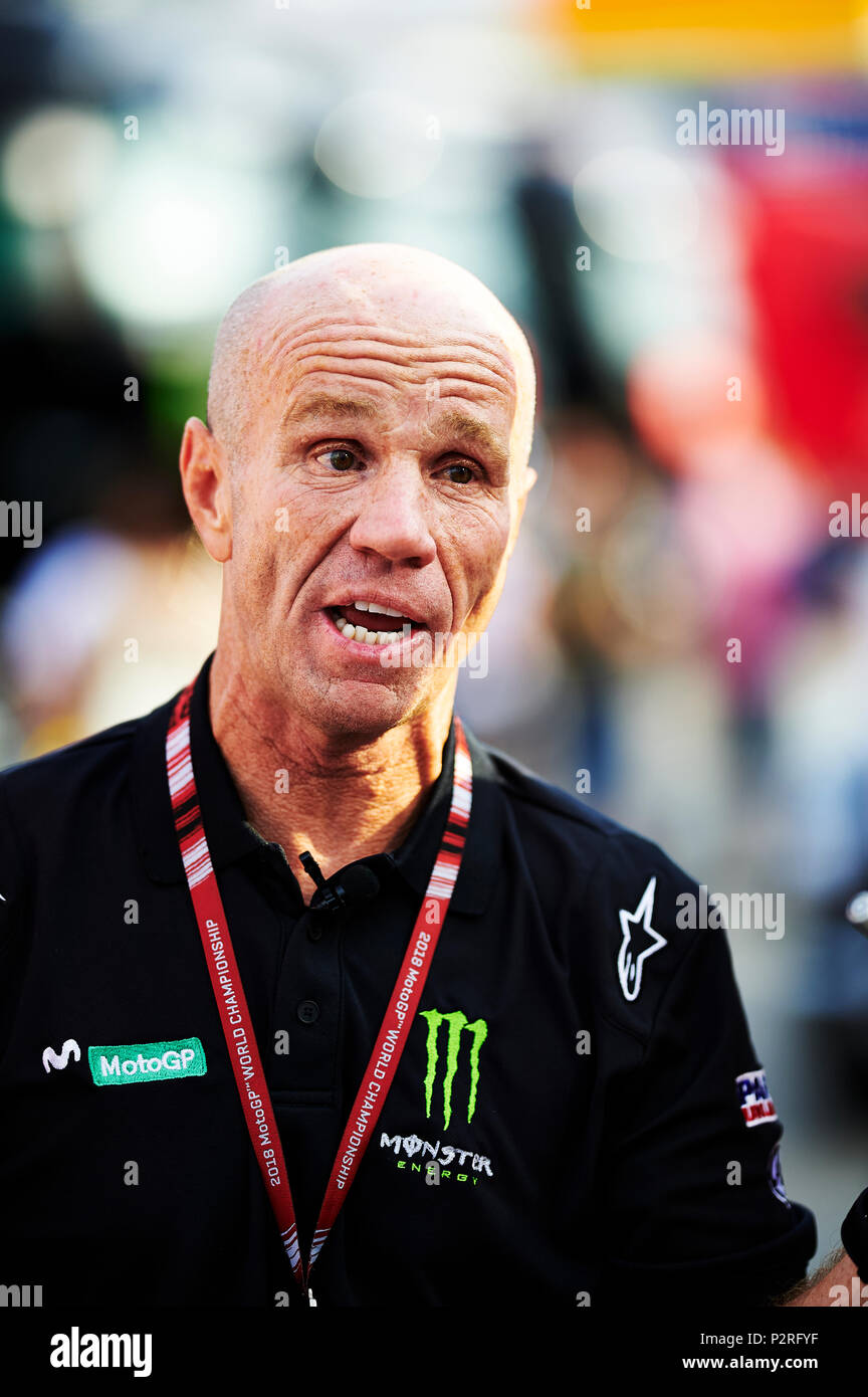 Barcellona, Spagna. 16 Giugno, 2018. L'ex Grand Prix motociclista e leggenda, Randy Mamola durante un Movistar Facebook Live prima del Gran Premio di Spagna di Motogp. Credito: Pablo Guillen Credito: Pablo Guillen/Alamy Live News Foto Stock