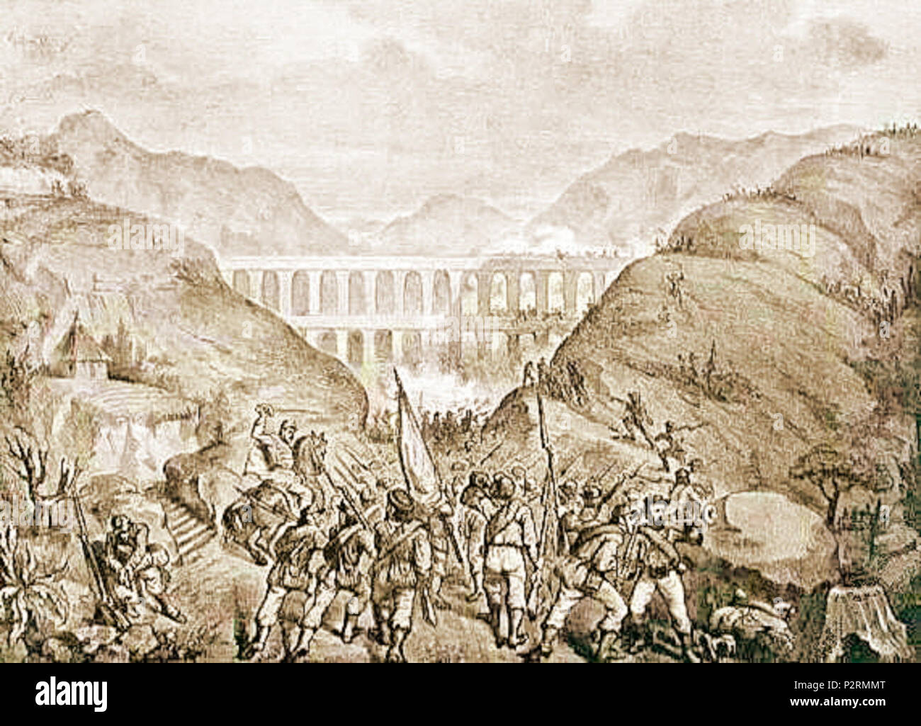 . Attacco di Maddaloni da parte dei garibaldini il 1 ottobre 1860. Litografia edita dai Fratelli Terzaghi, 1861, ritoccata. 1861. .Lli Terzaghi 86 Terzaghi F.lli Lit. - Attacco di Maddaloni 1 ottobre 1860 - litografia - 1861 Foto Stock