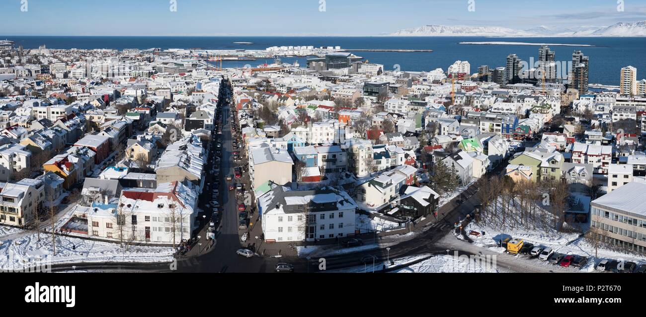 L'Islanda, la regione della capitale, Reykjavik, Vista panoramica da Hallgrimskirkja Torre Campanaria Foto Stock