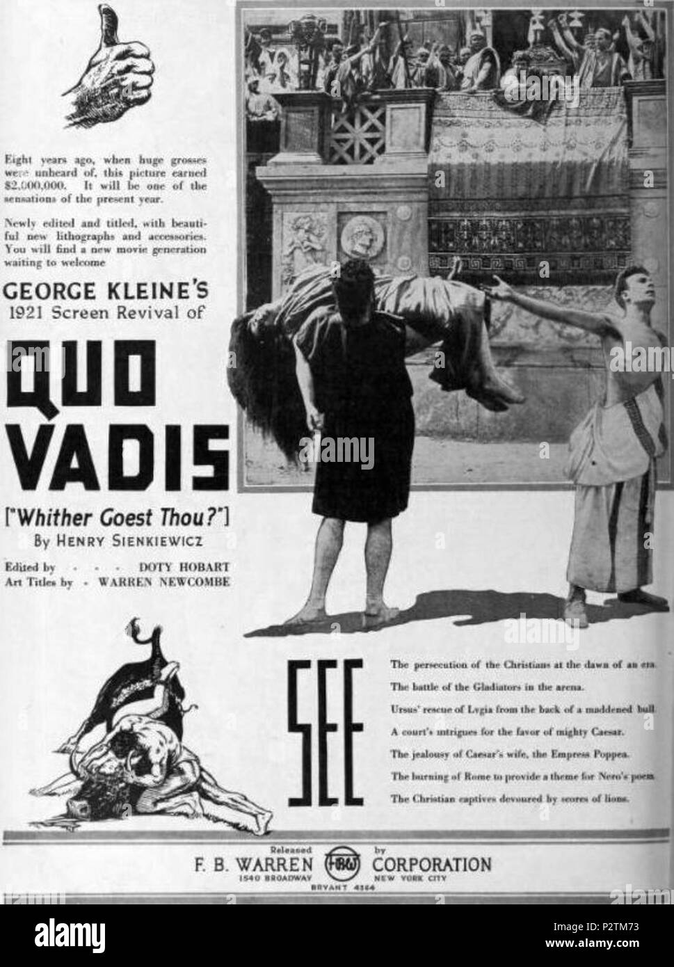 . Inglese: American pubblicità italiana per il film epico Quo Vadis (1913), a pagina 14 del 10 settembre 1921 espositori Herald. Ursus (Bruto Castellani) e Vinicius (Amleto Novelli) implorare il pubblico e l'imperatore Nerone per grazia il Cristiano Lygia (Lea giunchi), dopo Ursus ha ucciso il toro sul retro whch Lygia era stato legato. Il pubblico rave perché di Ursus " tour de force. Vinicius ha spogliato del suo panno per mostrare le proprie cicatrici da guerre, mentre Ursus contiene fino Lygia. Tutto nero tenere il pollice su per grazia. Il 10 settembre 1921. La Società Italiana Cines / Kleine Optical Company (U Foto Stock