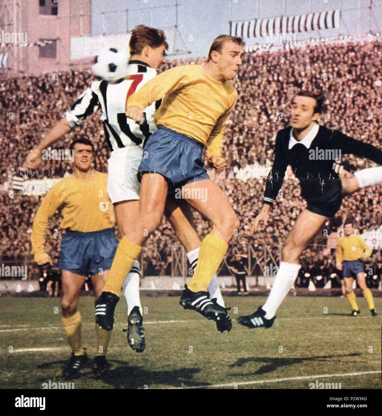 . Italiano: Torino, Stadio Comunale, 28 febbraio 1968. Il bianconero Roger Magnusson (n. 7) impegna la retroguardia avversaria, sotto lo sguardo del portiere gialloblù Horst Wolter a sua volta proteso in volo (a destra), nel corso della sfida tra Juventus ed Eintracht Braunschweig (1-0) valevole per il retour match dei quarti di finale della Coppa dei Campioni 1967-68; stante il successo gialloblù (3-2) nella gara di andata giocata in Germania Ovest il precedente 31 gennaio, dato il regolamento dell'epoca le due squadre andarono allo spareggio, disputatosi in campo neutro a Berna il 20 marzo s Foto Stock