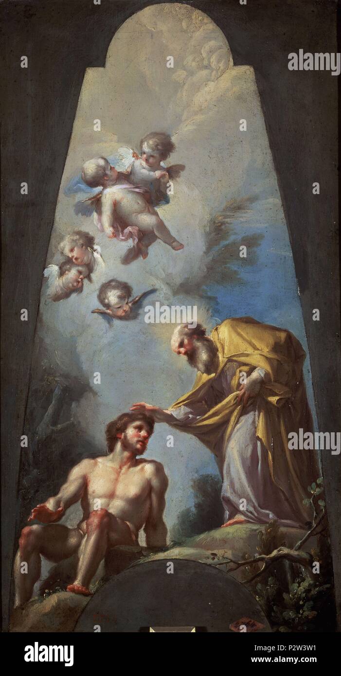 " La creazione di Adamo", 1771, olio su tela, 59 cm x 33 cm, P02480. Autore: Francisco Bayeu y Subias (1734-1795). Posizione: Il MUSEO DEL PRADO-PINTURA, MADRID, Spagna. Foto Stock