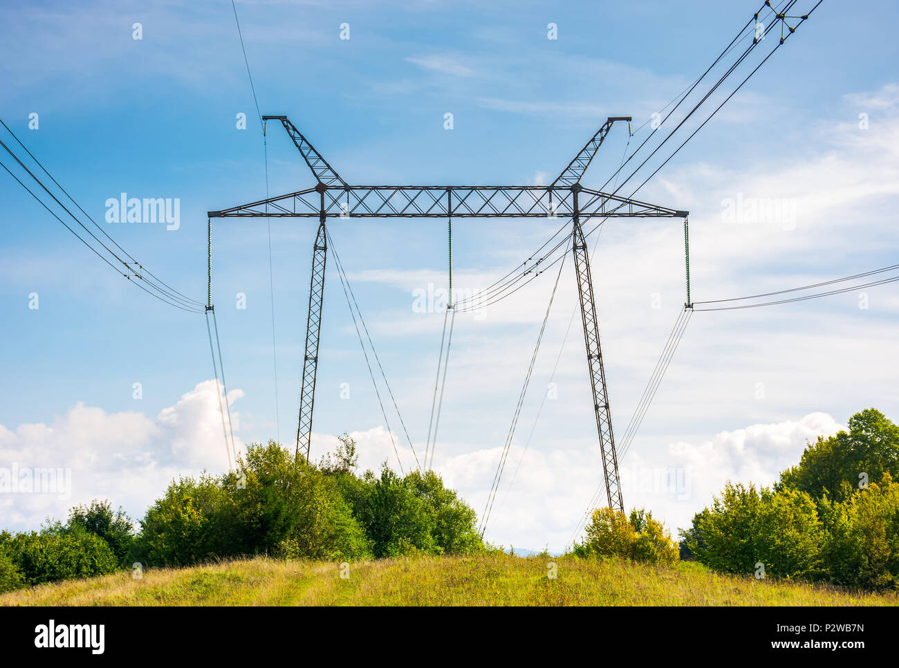 Le linee di alimentazione torre su un prato contro il cielo blu. bella industria energetica sfondo. efficiente di erogazione di elettricità concetto. bello e luminoso cl Foto Stock