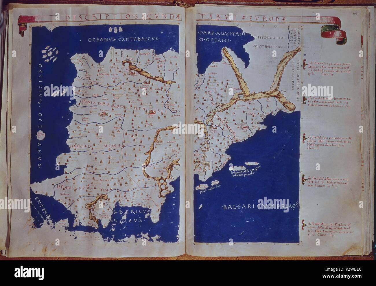 MAPA DE LA PENISOLA IBERICA- ESPAÑA EN EL SIGLO II - MANUSCRITO DEL SIGLO XV - VIT 19. Autore : Claudio Tolomeo (100-170). Posizione: MONASTERIO-BIBLIOTECA-COLECCION, San Lorenzo del El Escorial, Madrid. Foto Stock