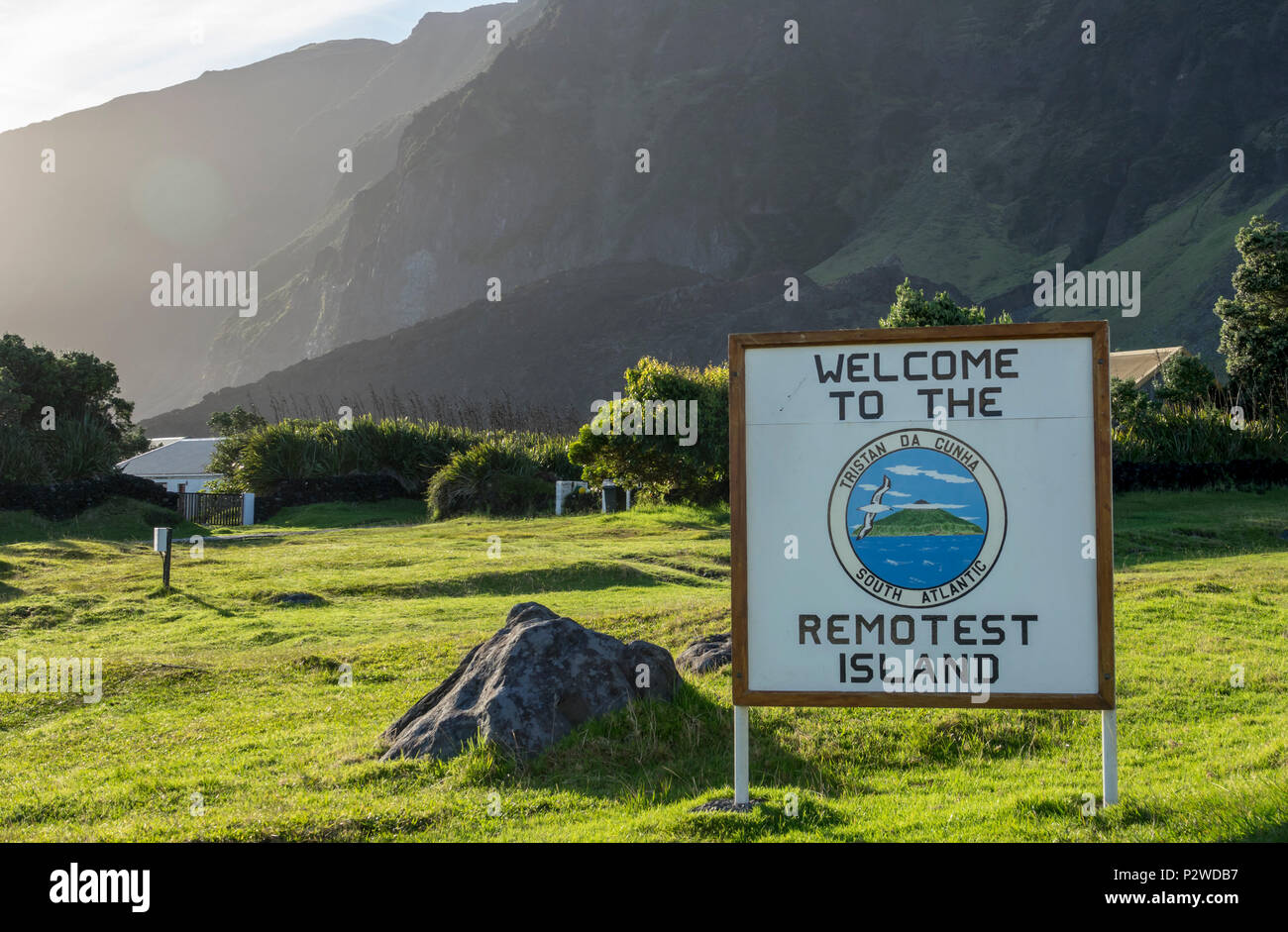 Segno di benvenuto all'isola più remoti' a Tristan da Cunha, i territori britannici d'Oltremare, Sud Atlantico Foto Stock