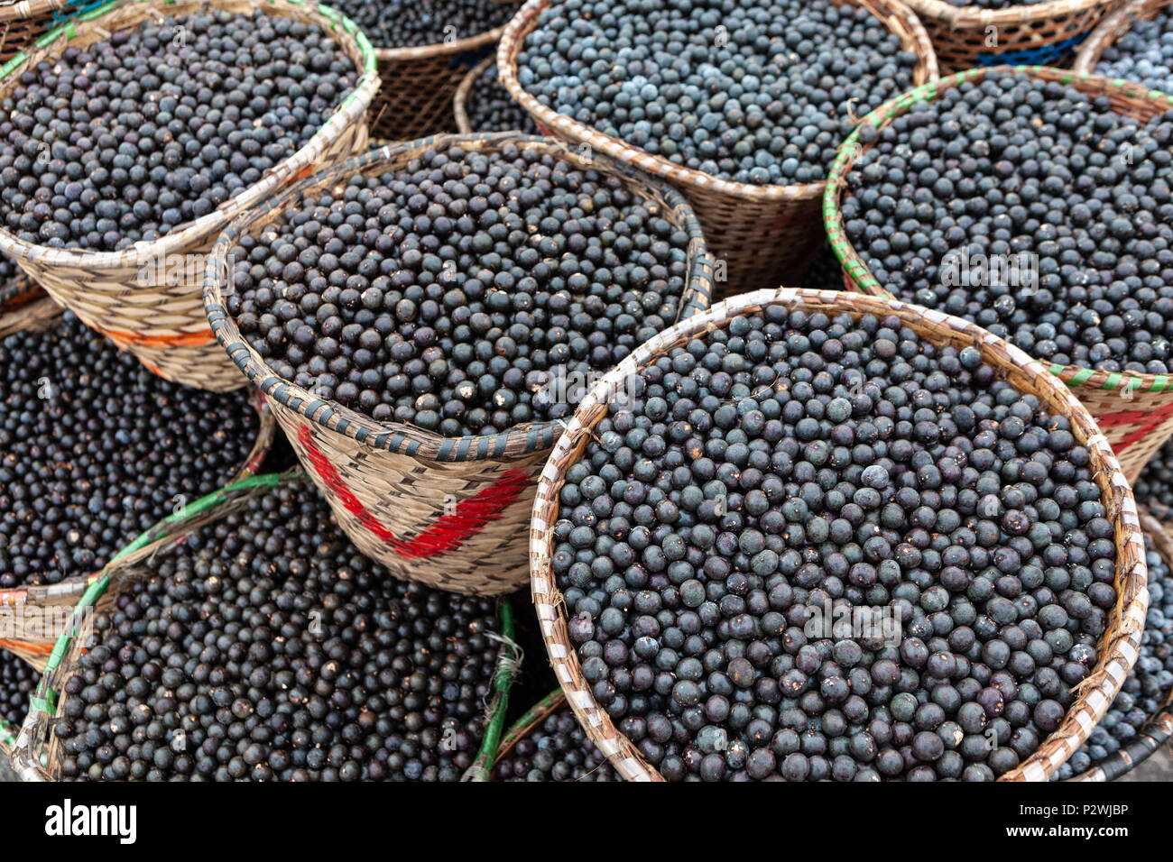 La paglia cesto pieno di prodotti freschi acai bacche di vendere a un equo nella città di Belem, Brasile. Foto Stock