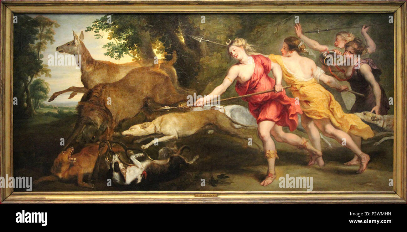 Diane chasseresse et ses nymphes, huile sur toile de Pierre Paul Rubens réalisée (1636-1639) sur commande de Philippe IV d'Espagne pour figlio pavillon de chasse. - OEuvre faisant partie d'une collection particulière de Madrid, photographiée lors de l'exposition temporaire " L'Europe de Rubens " au Musée du Louvre-Lens. 0 Diane chasseresse et ses nymphes - Pierre Paul Rubens (1) Foto Stock