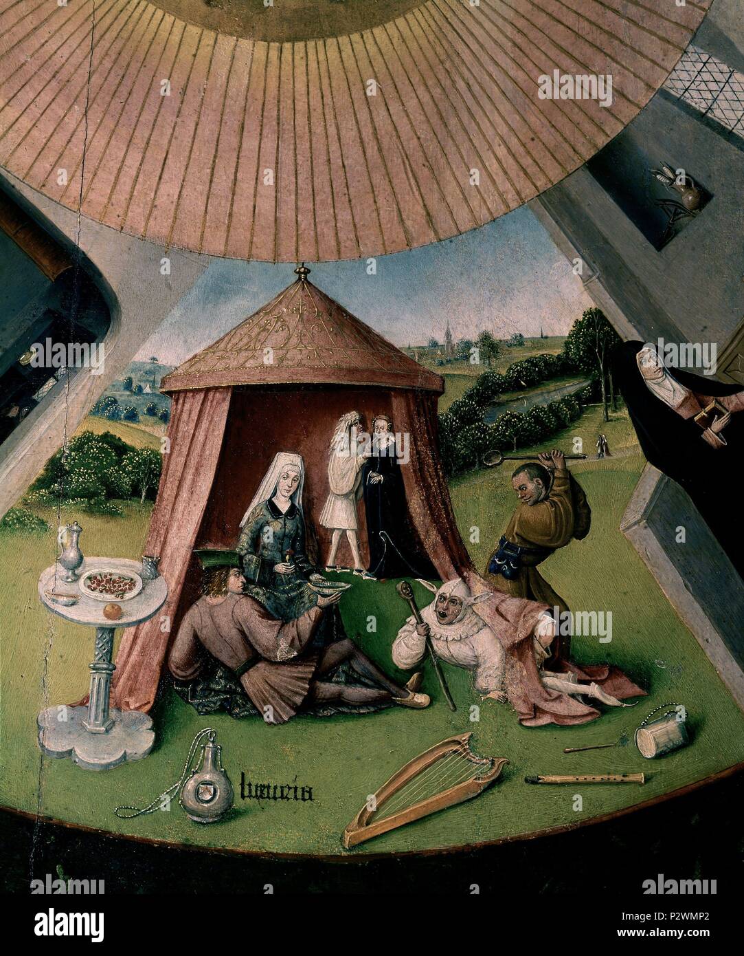 "I sette peccati capitali e le quattro cose ultime" - Dettaglio: lussuria, 1480, Olio su legno. Autore: Hieronymus Bosch (c. 1450-1516). Posizione: Il MUSEO DEL PRADO-PINTURA, MADRID, Spagna. Foto Stock