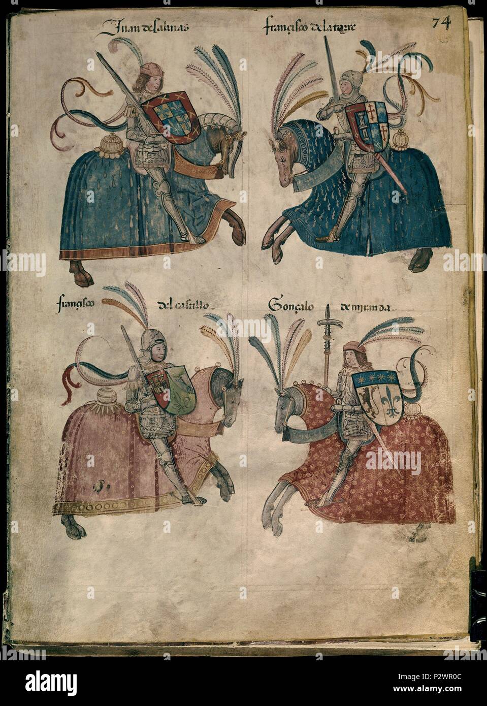 LIBRO de los Caballeros de la Orden DE SANTIAGO - 1361 - Folio 74 - Salinas - TORRE - Castillo - MIR. Posizione: ARCHIVO comunali, BURGOS, Spagna. Foto Stock