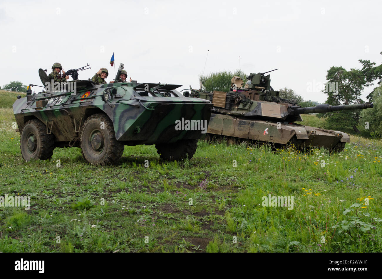 Soldati rumeni con 191st battaglione di fanteria, in TABC-79 veicolo, dare un pollice in alto dopo un live fire esercizio in Romania Land Force Combat Training Center, Cincu Romania il 2 agosto. Essi sono una parte di esercizio Saber Guardian 2016, che è una multinazionale di esercitazione militare che coinvolge circa 2.800 militari provenienti da dieci nazioni tra cui l'Armenia, Azerbaigian, Bulgaria, Canada, Georgia, Moldavia, Polonia, Romania, Ucraina e Stati Uniti Gli obiettivi di questo esercizio sono la costruzione di multinazionale, regionale e partenariato congiunto capacità per migliorare le relazioni militari, scambiando p Foto Stock