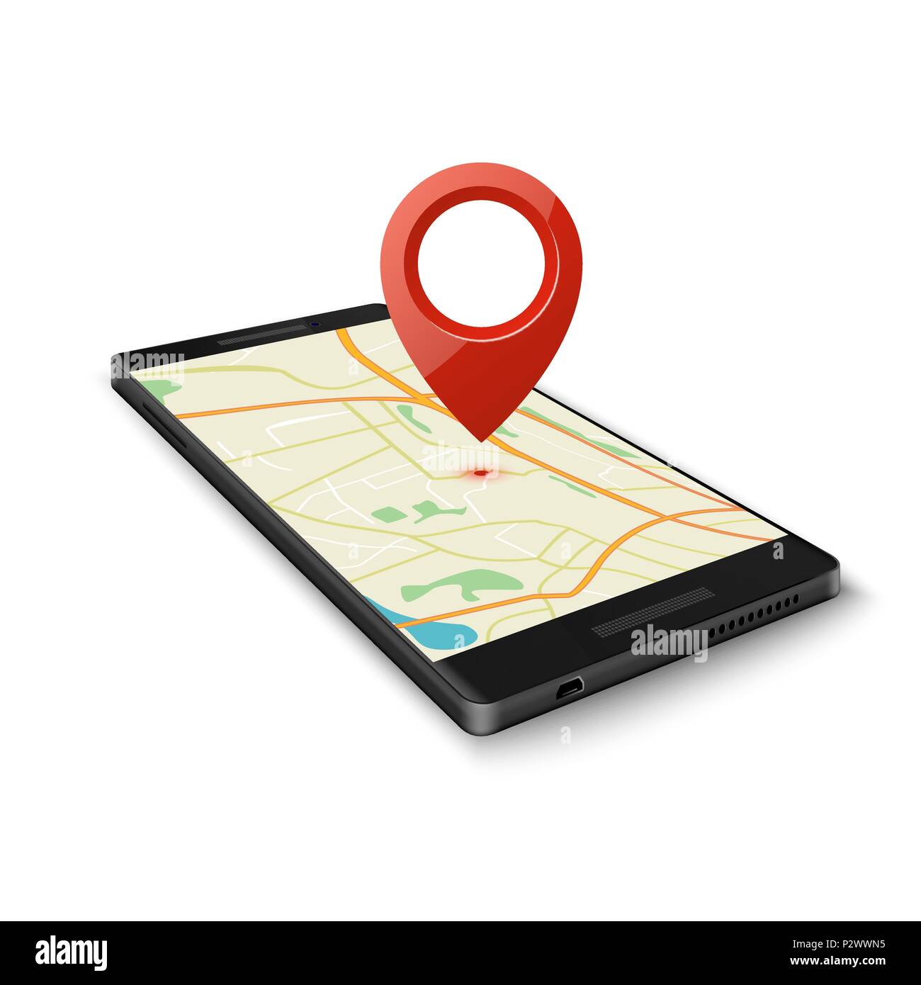 Nero smartphone con mappa applicazione di navigazione gps con punto di perno di posizione corrente isolato su bianco. Illustrazione Vettoriale Illustrazione Vettoriale