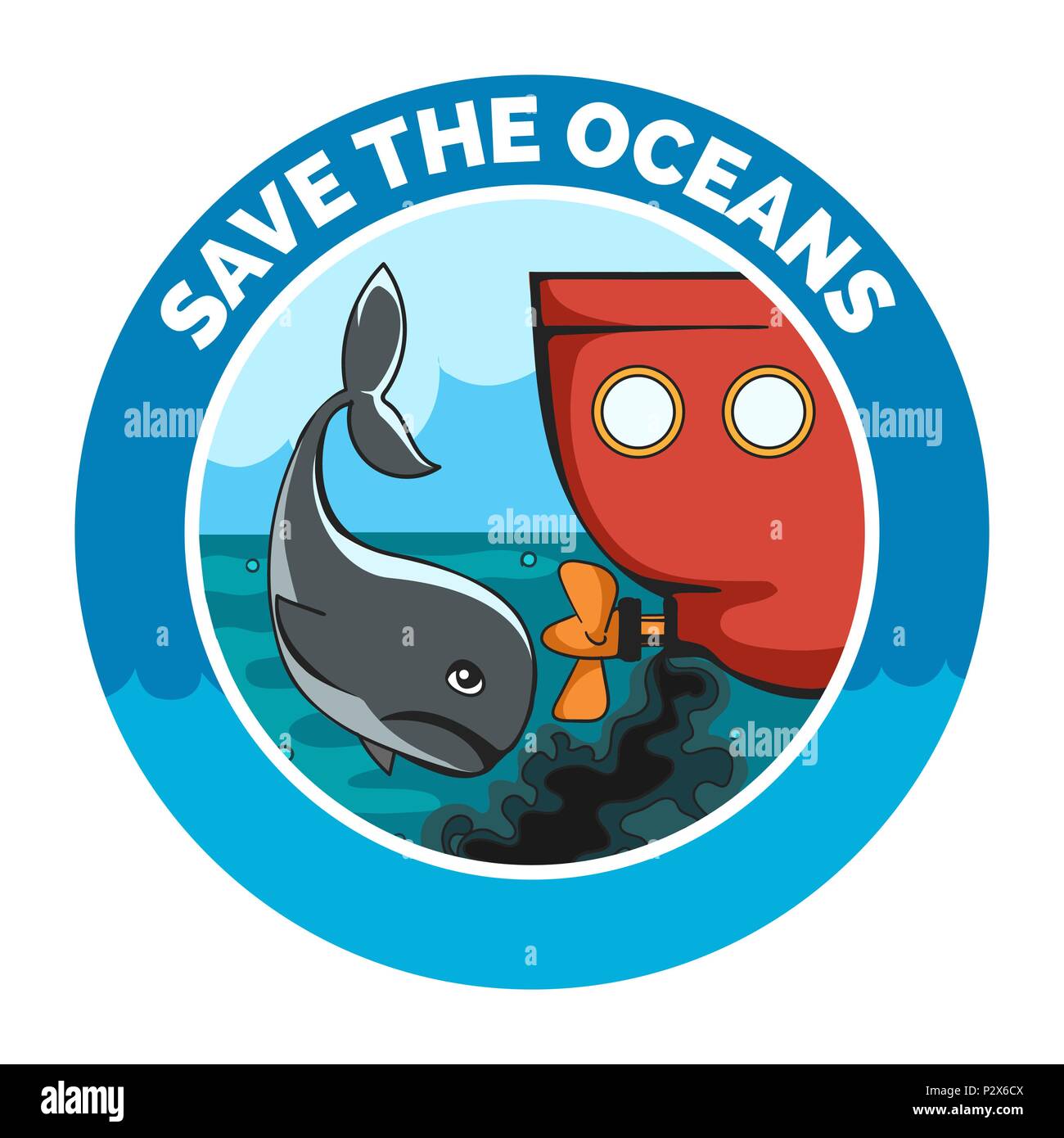 Triste di balena e di vecchi wessel con olio dell'inquinamento. Emblema ecologico con formulazione salva gli oceani. Illustrazione Vettoriale. Illustrazione Vettoriale