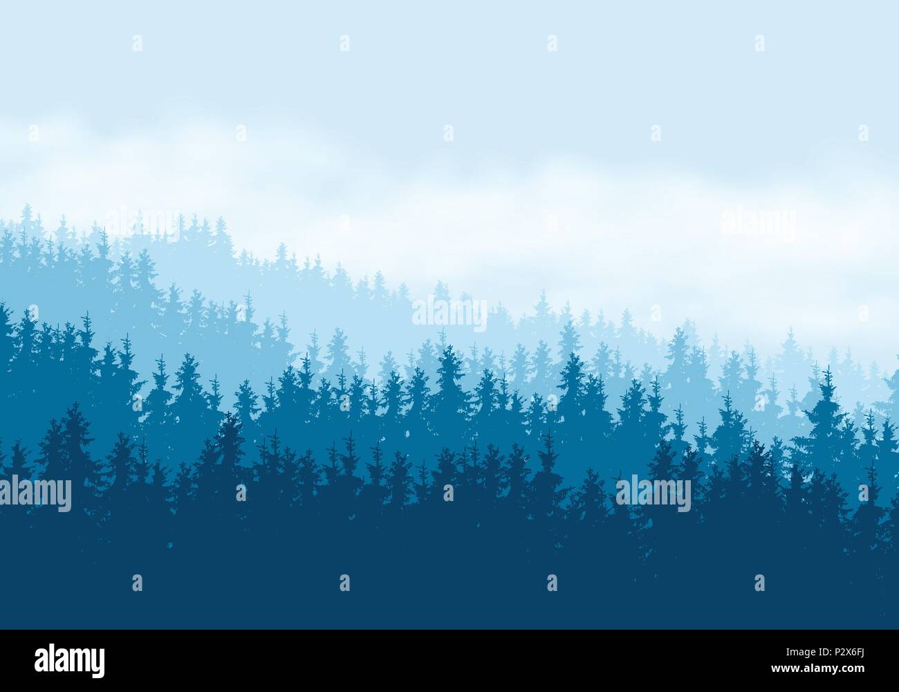 Illustrazione realistica della foresta di conifere sotto il cielo blu con nuvole - vettore Illustrazione Vettoriale