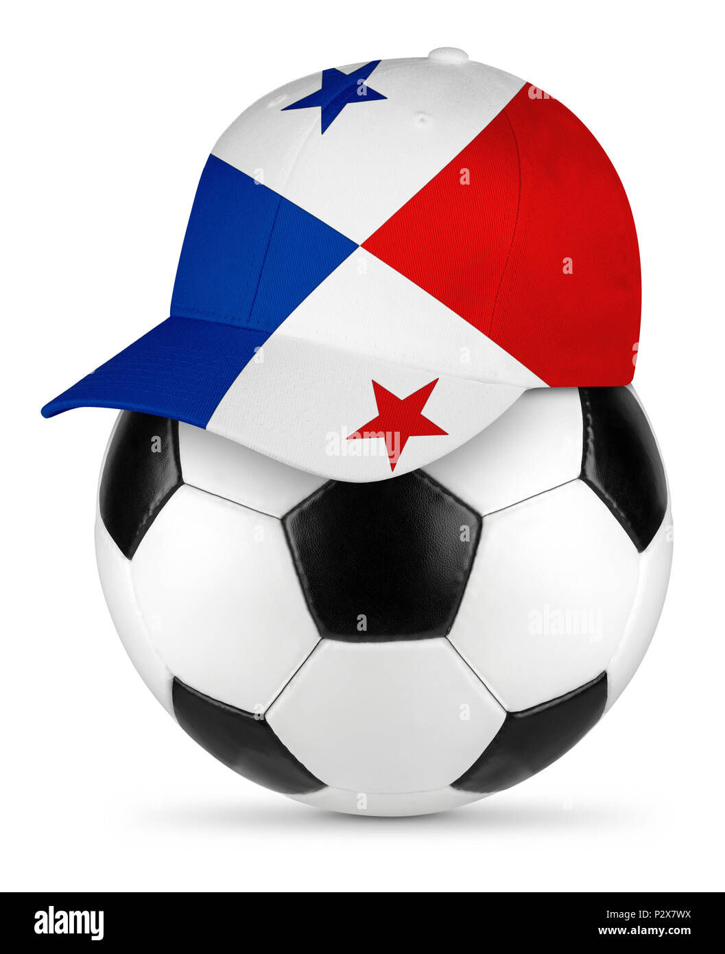 Nero classico bianco pelle palla calcio panama bandiera panamense tifoso di baseball cap sfondo isolato sport concetto di calcio Foto Stock