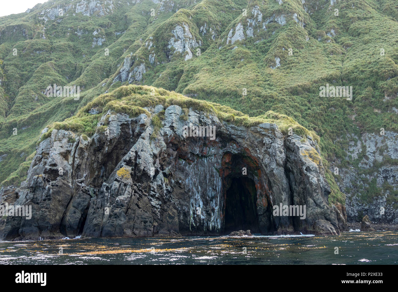 Grotta naturale su Nightingale Island, Tristan da Cunha arcipelago, i territori britannici d'Oltremare, Sud Atlantico Foto Stock