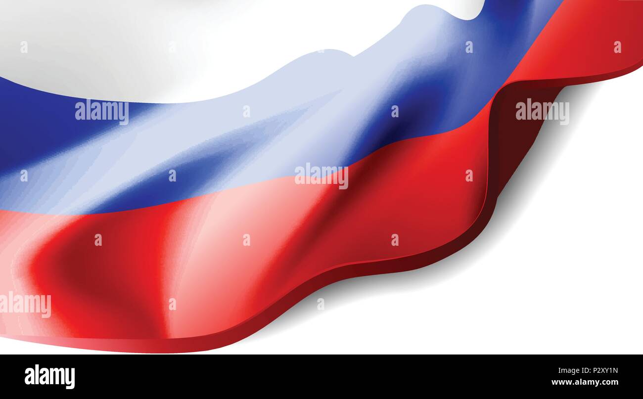Sventola Bandiera della Russia di close-up con ombra su sfondo bianco. Illustrazione Vettoriale con spazio di copia Illustrazione Vettoriale