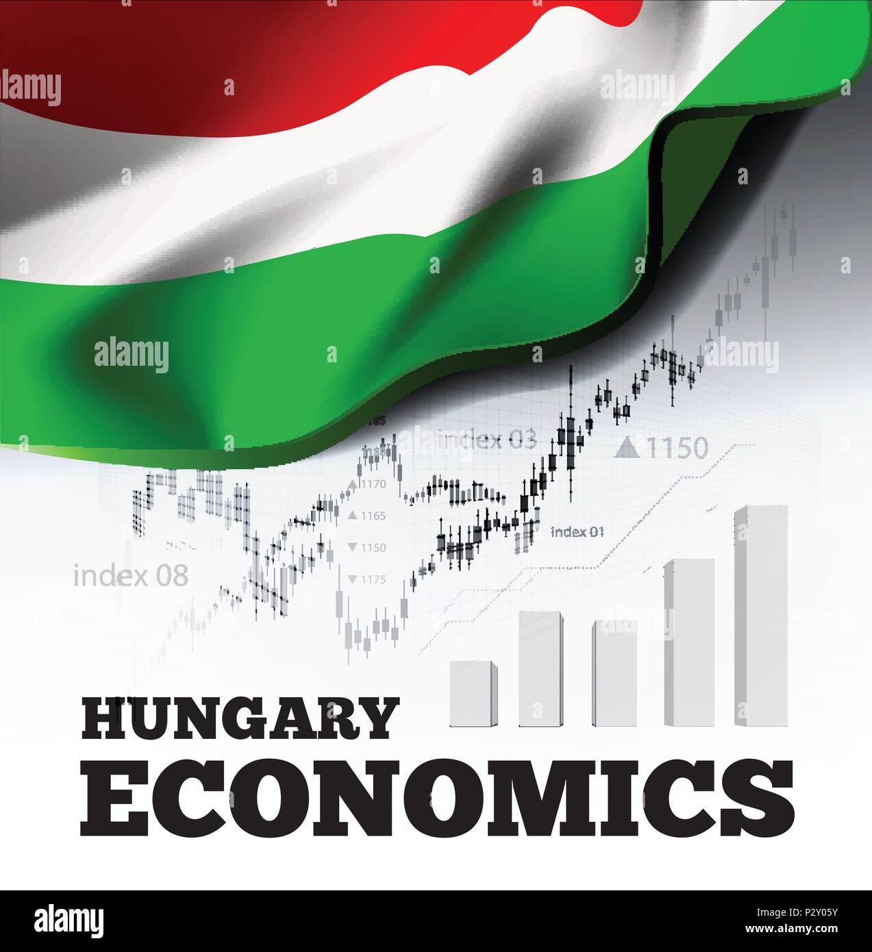 Ungheria economia illustrazione vettoriale con bandiera ungherese e business grafico, diagramma a barre numeri stock mercato bull, linea di tendenza rialzista grafico simboleggia la crescita Illustrazione Vettoriale