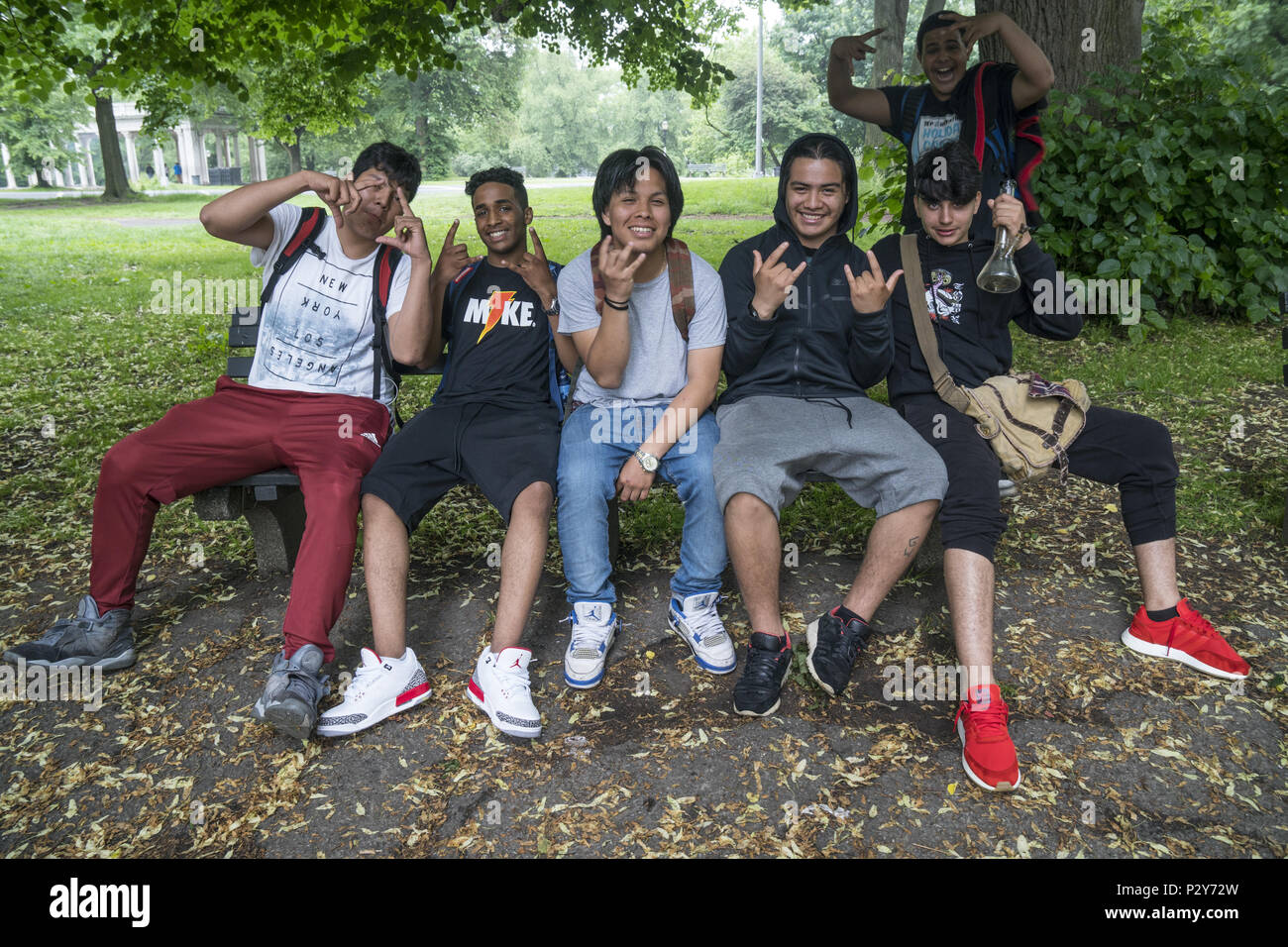 Alta scuola età multi etnico gruppo di ragazzi che lieto di posa per una foto in Prospect Park di Brooklyn, New York. Foto Stock