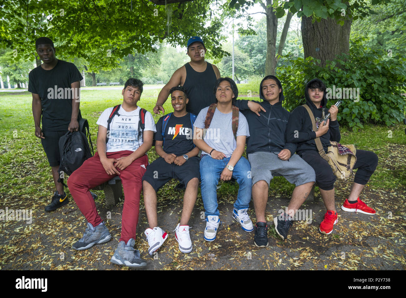Alta scuola età multi etnico gruppo di ragazzi che lieto di posa per una foto in Prospect Park di Brooklyn, New York. Foto Stock