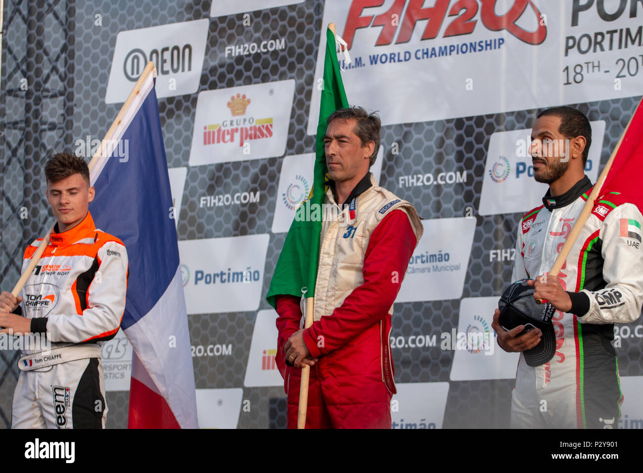 PORTIMAO, Portogallo : 20 MAGGIO 2018 - I vincitori del portoghese Grand Prix - F4-S Corse Powerboat evento del 2018 edizione che si terrà a Portimao Arado fiume, Foto Stock