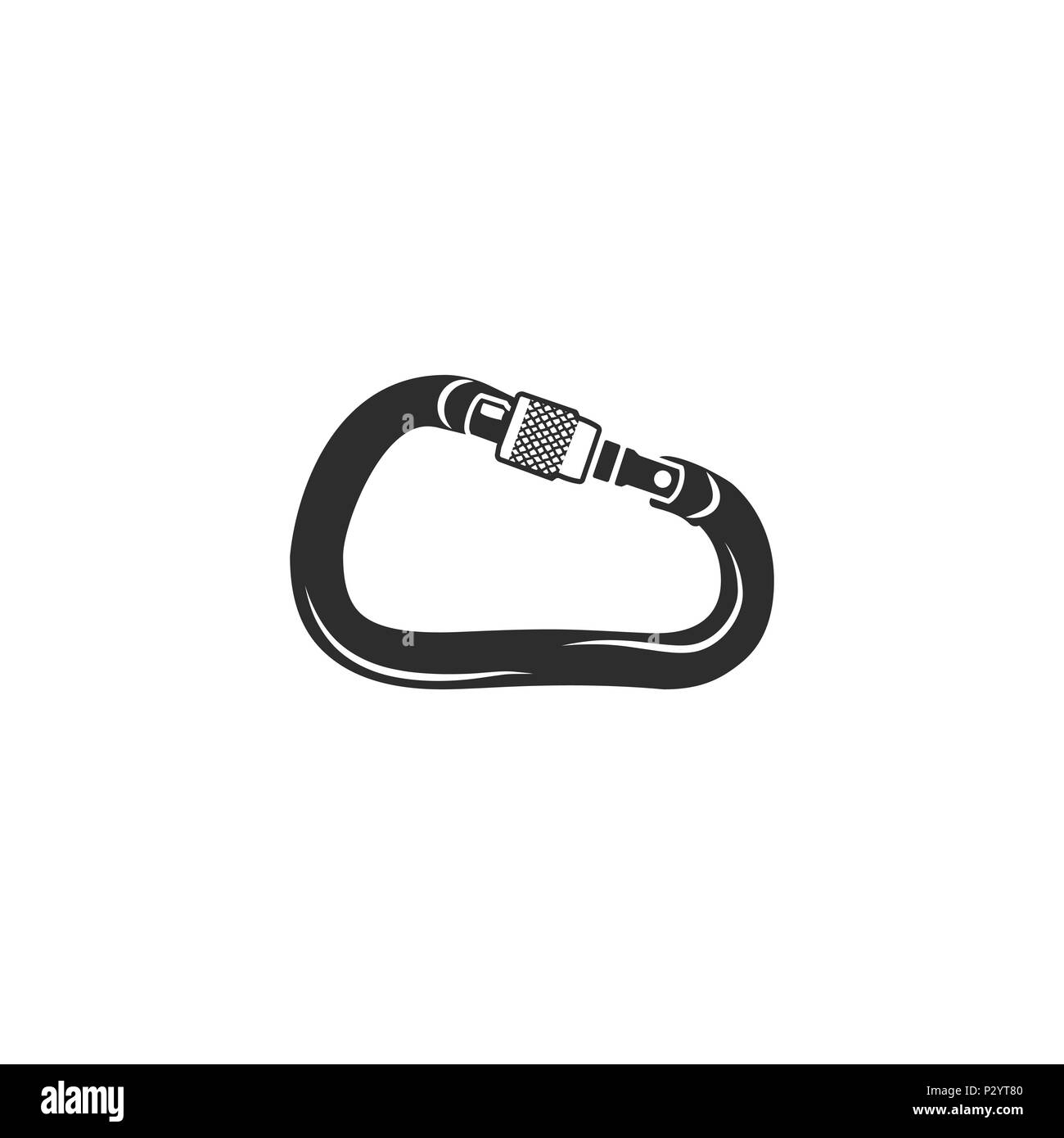 Moschettone arrampicata icona. Silhouette stile simbolo. Pittogramma nero di arrampicata attrezzature - moschettone. Vintage disegnati a mano illustrazione. Magazzino isolato su bianco Foto Stock