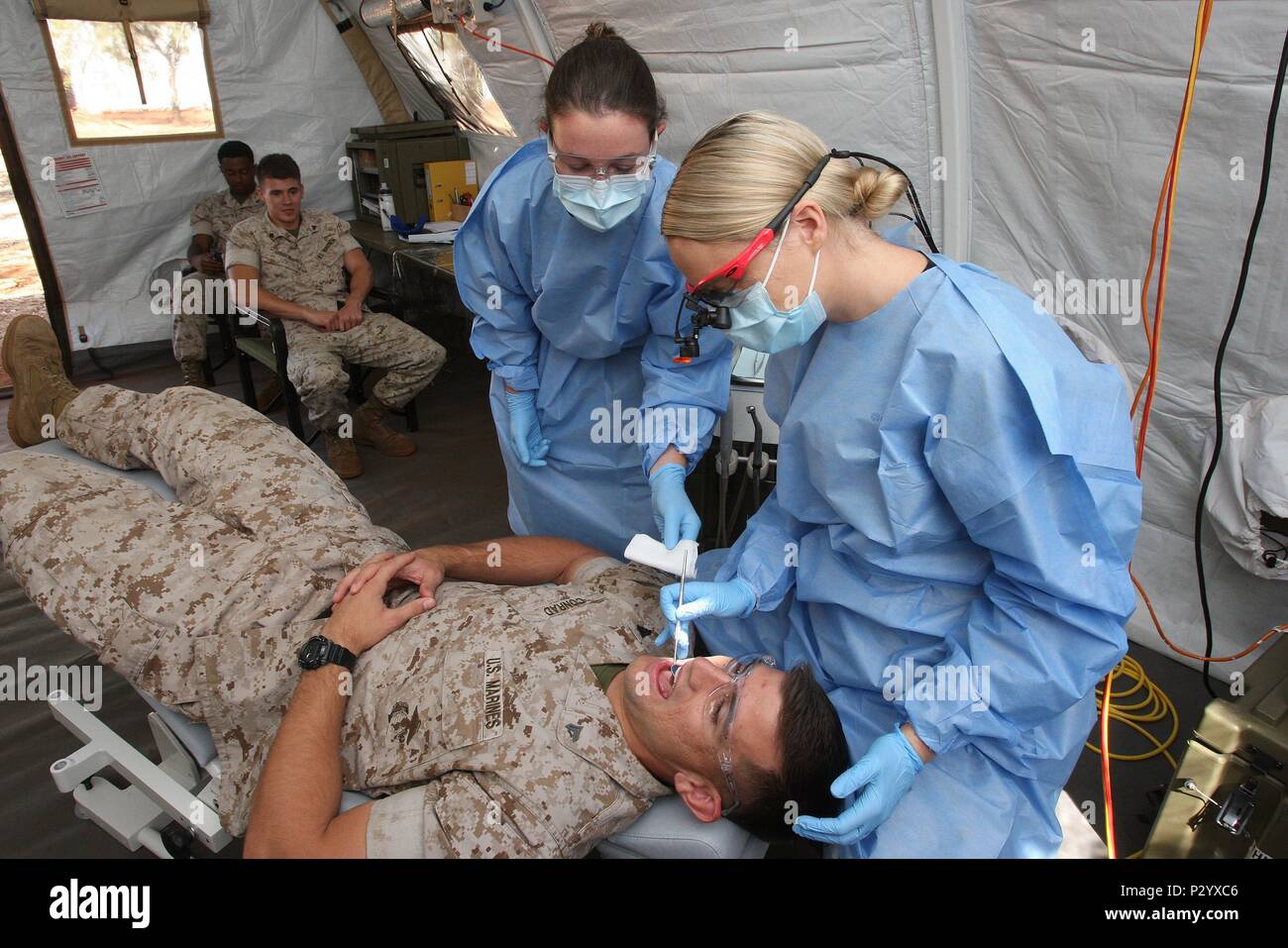 Australian personale medico personale con n. 2 Salute Expeditionary Service (2EHS) perfezionare la loro tecnica in un dispiegabili struttura medica con l aiuto del Corpo della Marina degli Stati Uniti di stanza a base RAAF Tindal durante l'esercizio Pitch Black 2016. Pitch Black è una multinazionale biennale guerra aerea esercizio ospitato dal Royal Australian Air Force (RAAF) che si concentra sul contatore offensivo aria e difensivo contro aria in combattimento simulato un ambiente di guerra (Australian Defence Force foto di Cpl. Terry Hartin) Foto Stock