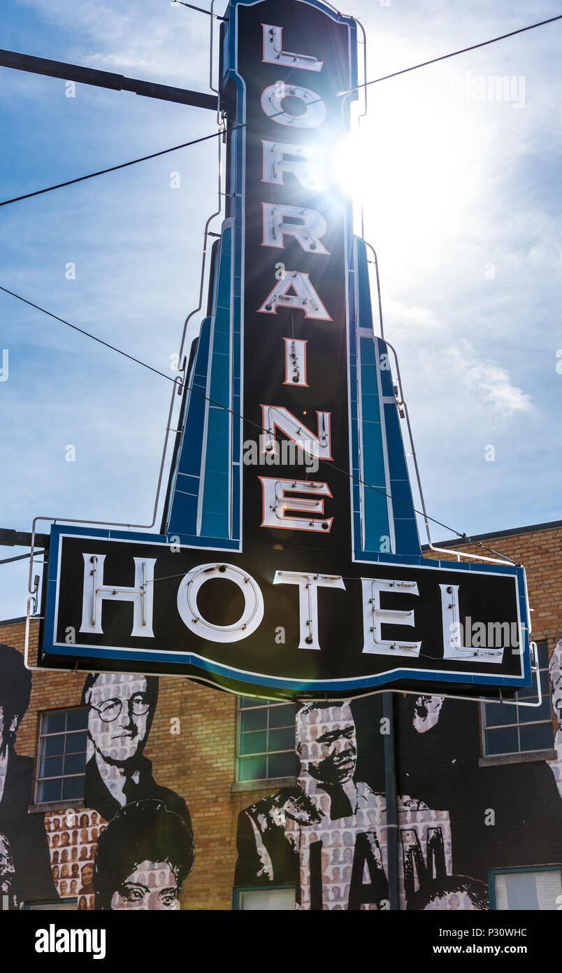 Lorraine Hotel segno presso il National Civil Rights Museum al Lorraine Motel di Memphis, TN dove Martin Luther King è stato assassinato in aprile 1968. Foto Stock