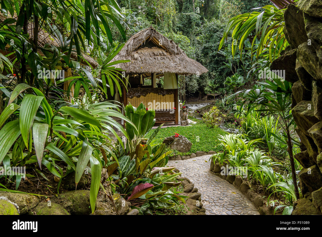 Una coperta di paglia jungle cottage nella foresta pluviale presso la banca di un flusso. Ubud, Bali, 14 aprile 2018 Foto Stock