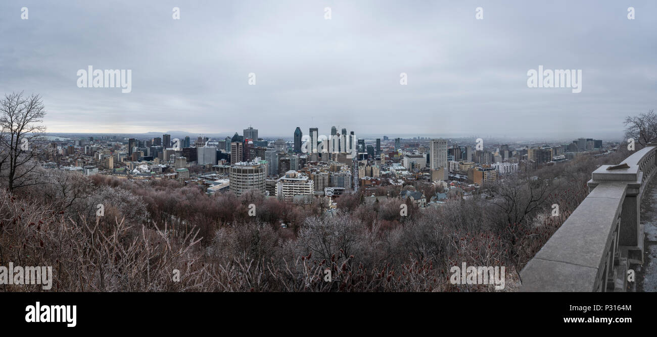 Vista panoramica sullo skyline di Montreal e la città prese da Mont Royal Park, Canada, in inverno, in un giorno di neve Foto Stock
