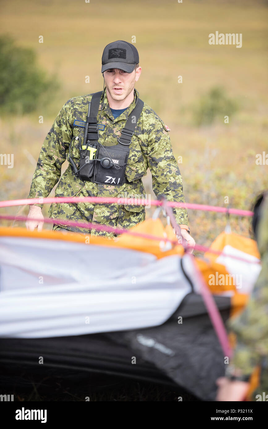 Ricerca e salvataggio di tecnici provenienti da 442 di trasporto e di salvataggio Squadron, Royal Canadian Air Force, impostare le tende nella preparazione di ricevere finti feriti per il trattamento durante la fase di esercizio Arctic Chinook, nei pressi di Kotzebue, Alaska, 23 agosto 2016. Arctic Chinook è un giunto U.S. La guardia costiera degli Stati Uniti e Comando Nord sponsorizzato un esercizio che si concentra sulla multinazionale per la ricerca e il salvataggio prontezza a rispondere a una massa operazione di salvataggio requisito nell'Artico. (U.S. Air National Guard photo by Staff Sgt. Edward Eagerton/rilasciato) Foto Stock