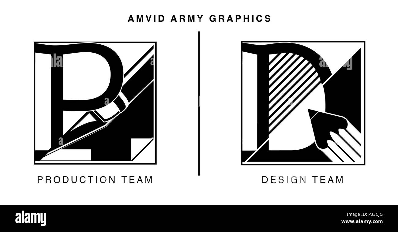 Un'illustrazione mostra due loghi che rappresentano i team di produzione e progettazione del Multimedia Visual Information Directorate dell'esercito statunitense. La grafica dimostra gli elementi di design utilizzati nelle comunicazioni dell'esercito, enfatizzando la gestione delle informazioni visive, il branding e la produzione multimediale. L'opera evidenzia l'importanza di una chiara identità visiva per i flussi di lavoro di produzione e la diffusione di informazioni all'interno degli affari pubblici e delle operazioni multimediali dell'esercito, sostenendo strategie di comunicazione interne ed esterne. Foto Stock