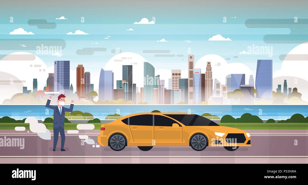 Angry Man in maschera auto emissioni di gas di scarico dell'anidride carbonica sulla natura di smog della città di inquinamento atmosfera del paesaggio, a piena lunghezza, piatto Illustrazione Vettoriale