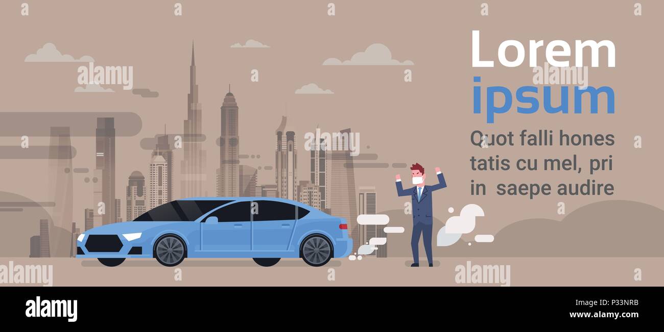 Angry Man in maschera auto emissioni di gas di scarico dell'anidride carbonica sulla natura di smog inquinamento paesaggio cittadino atmosfera su sfondo grigio, a piena lunghezza e spazio copia flat Illustrazione Vettoriale