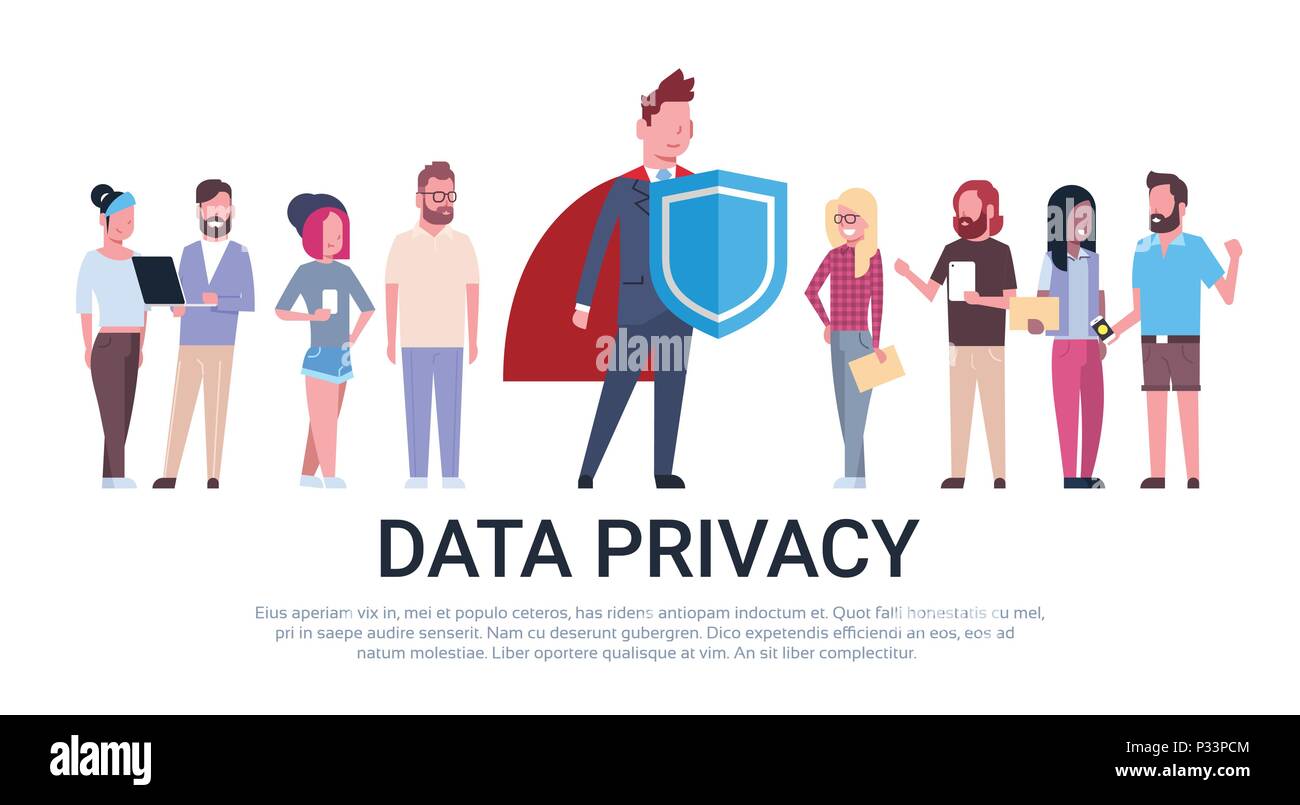 Protezione uomo mix race team PILR privacy dei dati su sfondo bianco di protezione di rete di personal storage Dati Generali Regolamento protezione concetto banner spazio di copia Illustrazione Vettoriale