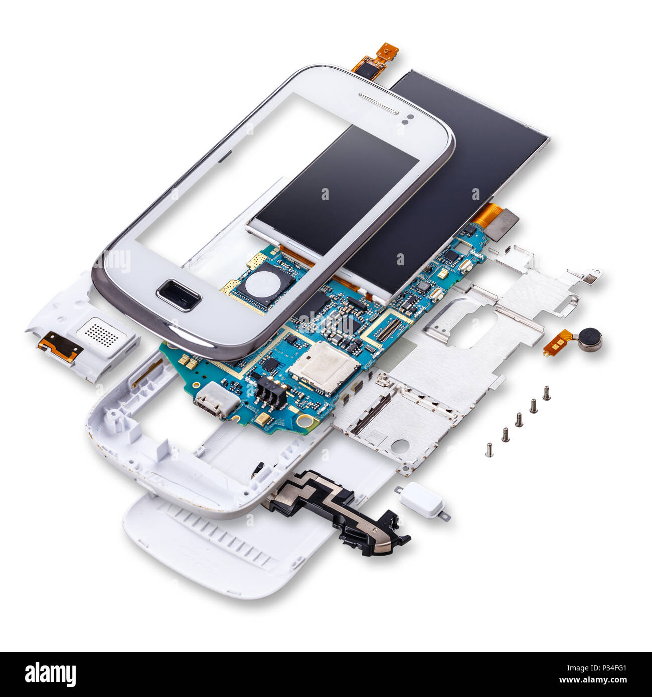 Vista esplosa del telefono cellulare su sfondo bianco Foto Stock