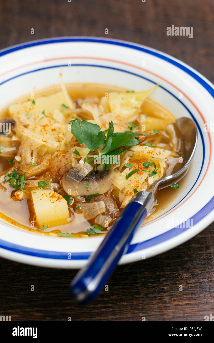 Vegan agriturismo zuppa di cavolo, patate e funghi. Foto Stock