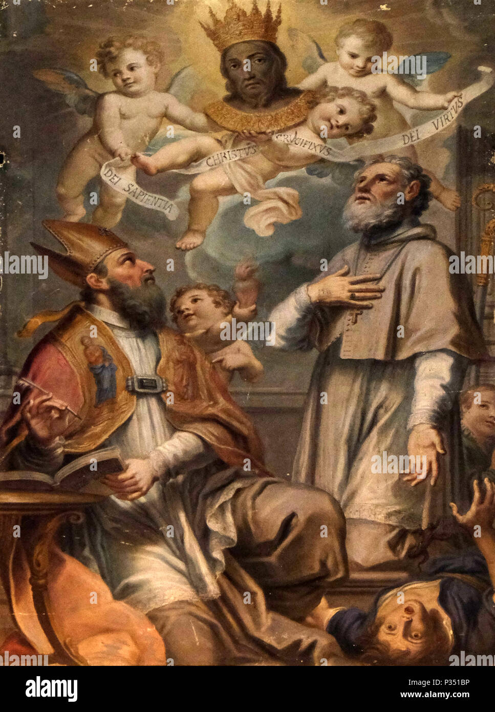 Un ignoto pittore del XVII secolo raffigurante il volto santo, Sant Agostino e Saintt Ubaldo, Basilica di San Frediano, Lucca, Toscana, Italia Foto Stock